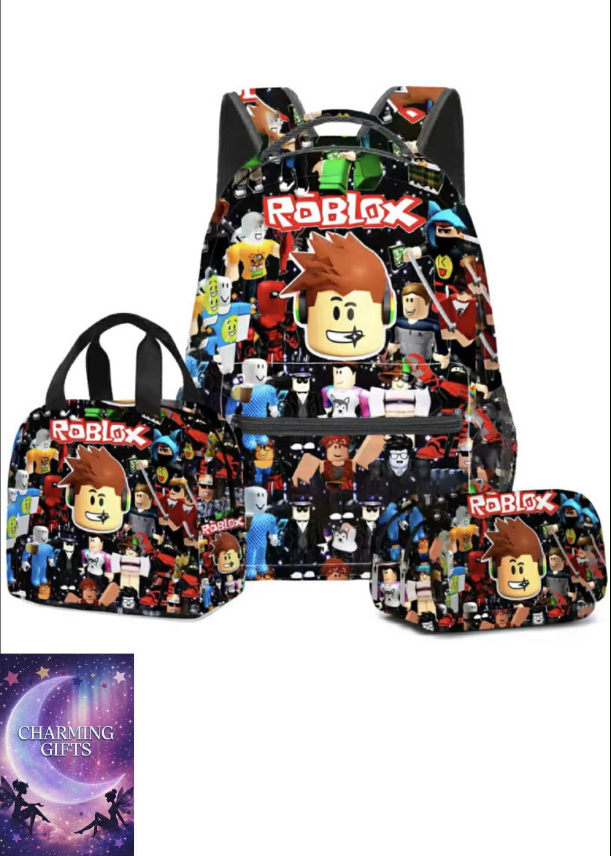 3PC-SET Set ROBLOX Virtual World Primary Secondary School Schoolbag Backpack Mochila Backpack Lightening Zipper Shoulder