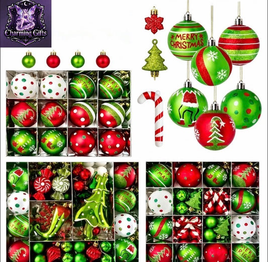 Grinch themed 46pcs Christmas Tree Ornaments Set, Red Green White Christmas Decorations with Star Toppers Assorted Decorative Hanging Balls for Xmas Tree Home Holiday Party