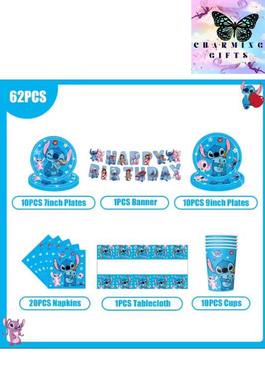 62 pcs Disney Stitch Birthday Party Decoration Tableware Balloon Cup Plate Banner Backdrop Lilo And Stitch Theme Party Supplies Favors