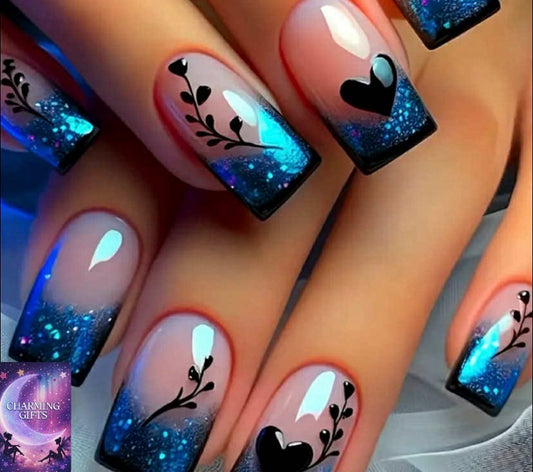1 Box of 24pcs Elegant Blue Glow-in-the-Dark Heart & Floral Nail Stickers - Durable, Reusable, Glossy Finish, Perfect for All Girls & Women, Includes 1pc of Gel Nail and 1 Nail File, Nail Art Stickers | Glow in the Dark Nails | Durable Nail Stickers, Nail