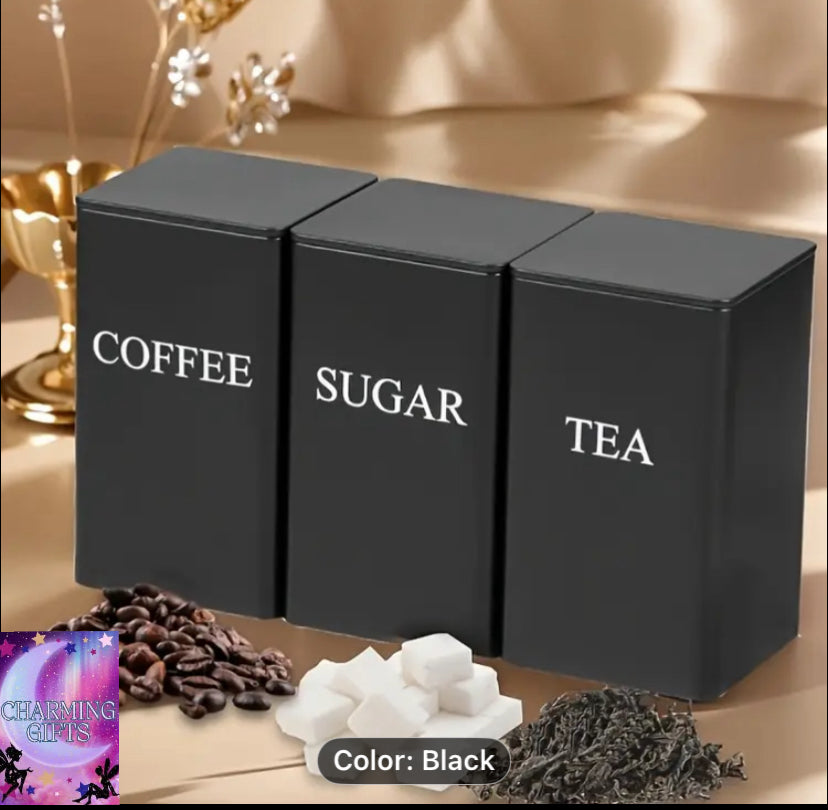 Three Piece Black/Beige Iron Storage Jar, Used for Storing Tea, Sugar, And Coffee Containers in The Kitchen, Suitable for Office, Home Storage, And Dining Rooms