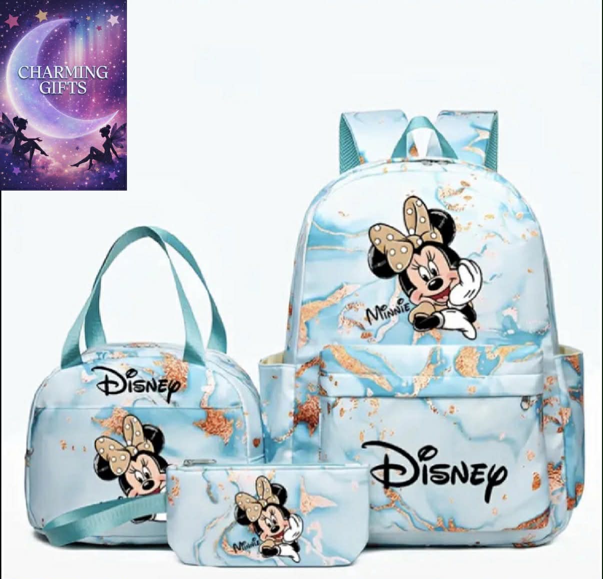 [Disney Minnie 3pc Backpack Set] Disney Minnie 3pc Backpack Set - Stylish Nylon Large Capacity Bag with Adjustable Straps, Zip Closure, Tablet Pocket - Includes Lunch Bag - Lightweight, Hand Washable - Animal Print - Ideal Back-to- Gift, Perfect Holiday P