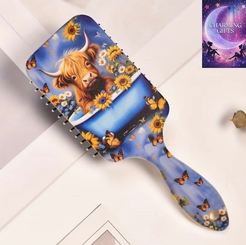 1pc Sunflowers And Highland Cattle Cushion Comb, Large Anti-Static Rubber Bristle Hairbrush with ABS Plastic Handle for Normal Hair, Detangling Styling Tool for Long Hair Care