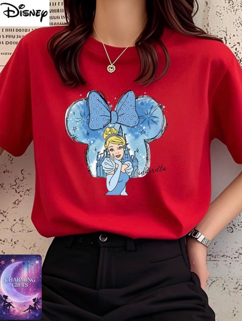 Women's Officially Licensed Disney Cinderella & Minnie Mouse Bow Print T-Shirt - Short Sleeve Summer Top with Iconic Princess & Mickey Ears Design, Casual Gift for &