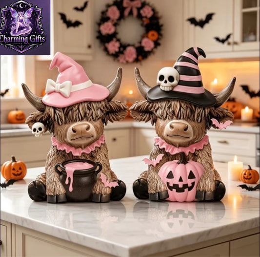 2pcs Pink Highland Cow Halloween Decor, Witch Cow with Pink Pumpkin And Big Pot, Cute Farmhouse Table Top Decor Stand, Layered Tray, Fireplace