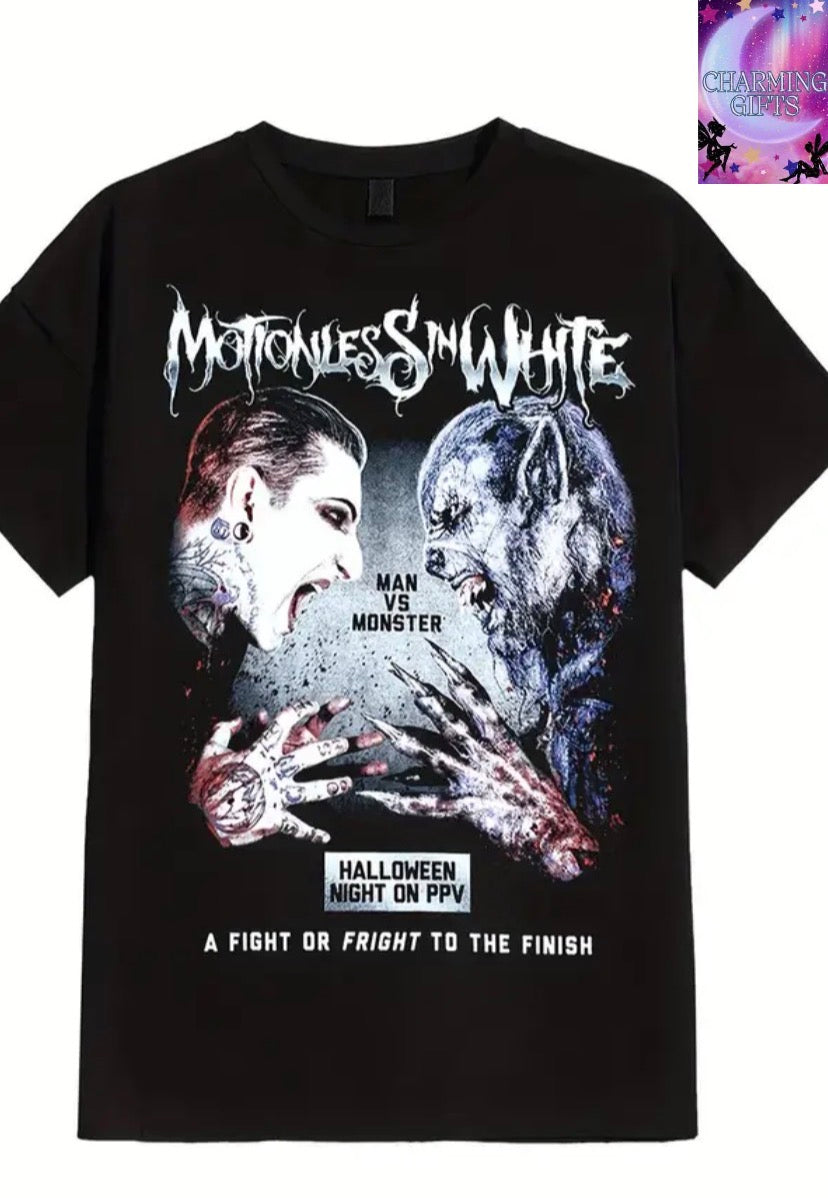 Motionless in White Official Band Graphic T-Shirt - Gothic Horror Theme with Monster & Lyric Print, Black with White Lettering, Short Sleeve Round Neck Casual Tee for Concerts & Casual Attire, Durable Digital Heat Transfer Design, All-Season Comfort