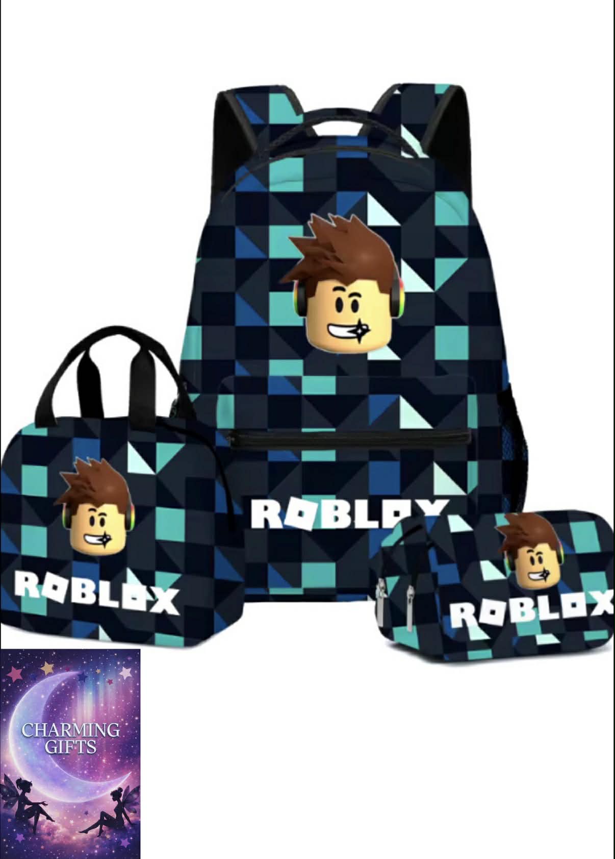 3PC-SET Set ROBLOX Virtual World Primary Secondary School Schoolbag Backpack Mochila Backpack Lightening Zipper Shoulder