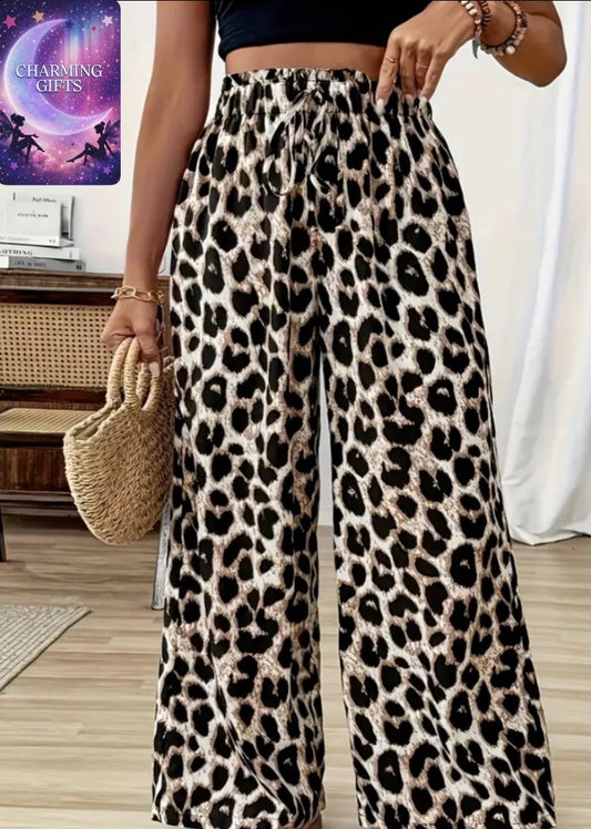 Women's Plus Size Leopard Print Wide-Leg Pants with Elastic Waistband - Stylish High-Rise Design, Lightweight Polyester Fabric, Perfect for Casual or Trendy Outfits, Cute Pants