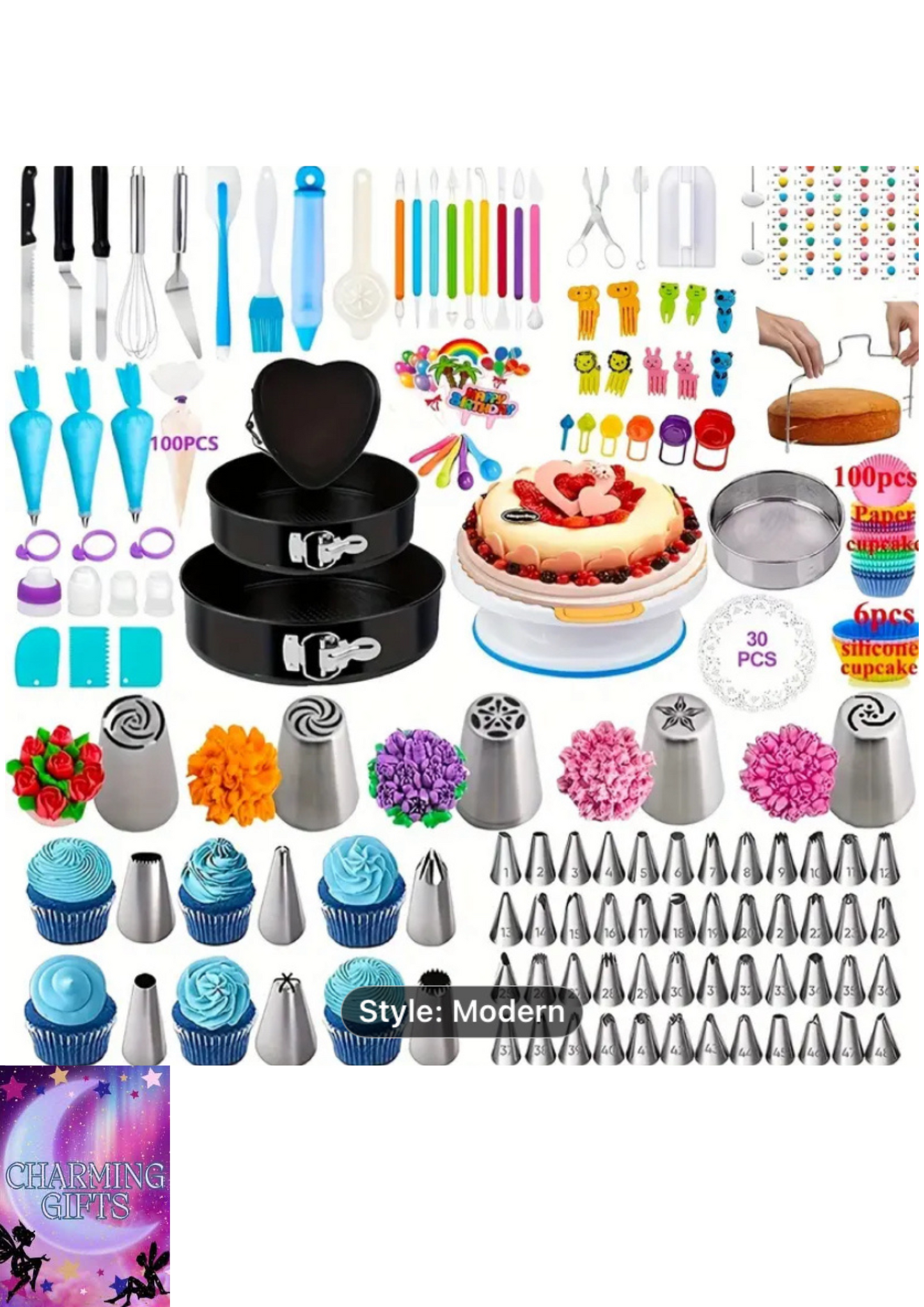 413pcs Cake Decorating Kit - Stainless Steel Turntable, Piping Bags, Nozzles, Sprinkles, and More - Perfect for Baking and Party Decorations, Cake Decorating Supplies