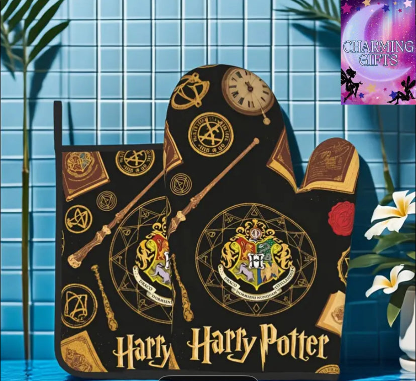 2pcs, Harry Potter Print Thickened Gloves and Coasters, Special Gloves, Kitchen Gloves, Best Holiday Gifts, Party Supplies, Home Kitchen Decor