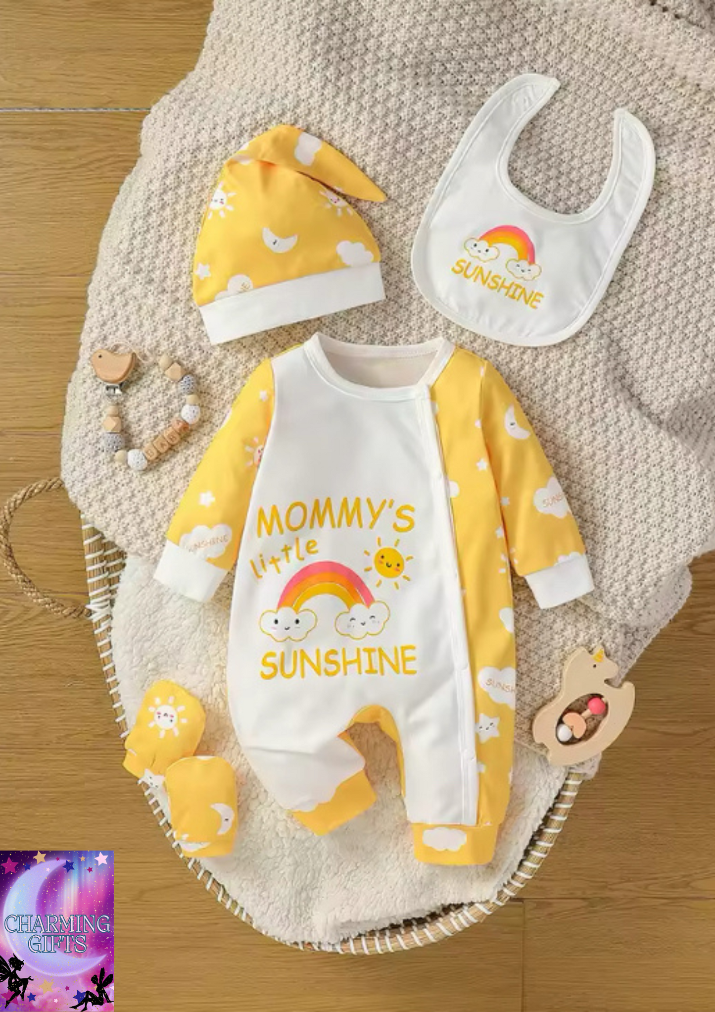 4Pcs Baby Girls Long Sleeve All Seasons Cartoon Deer Open Stitch pastorale Jumpsuit+Bib+Gloves+Hat