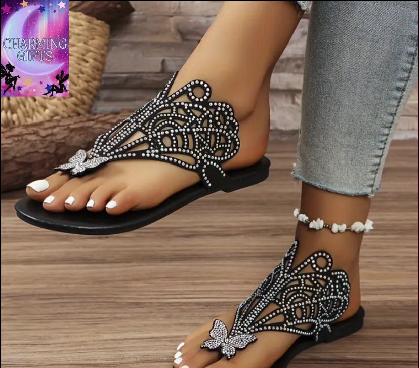 Stylish Black Faux Cover Butterfly Flat Sandals - Elegant Women's Rhinestone Clip Toe Design with Hollow-Out Pattern - Rubber Sole for Summer Wear