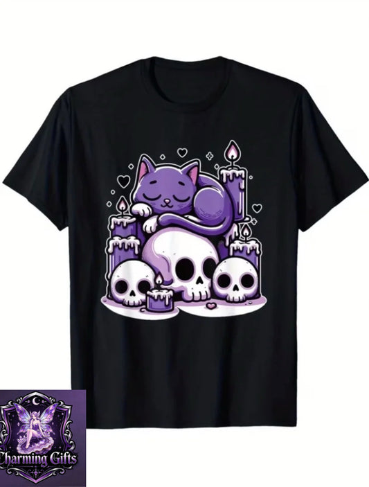 Men'S Kawaii Pastel Goth Gothic Kawaii T-Shirt - Cute Creepy Cat & Skeleton Candles Print, Short Sleeve Round Neck Tee, S-XXXL Sizes, Pastel Purple & Pink Retro Style for Themed Events & Casual Attire - Gothic Kawaii Aesthetic Apparel with Play