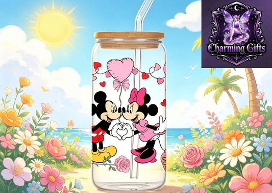 2pc Disney-Themed Water Cups Featuring Mickey And Minnie with Balloon Designs, 16-Ounce Glasses Equipped with Bamboo Lids And Glass Straws, Perfect Birthday Presents for Loved Ones, Suitable for Nurses' Day, Wedding Celebrations