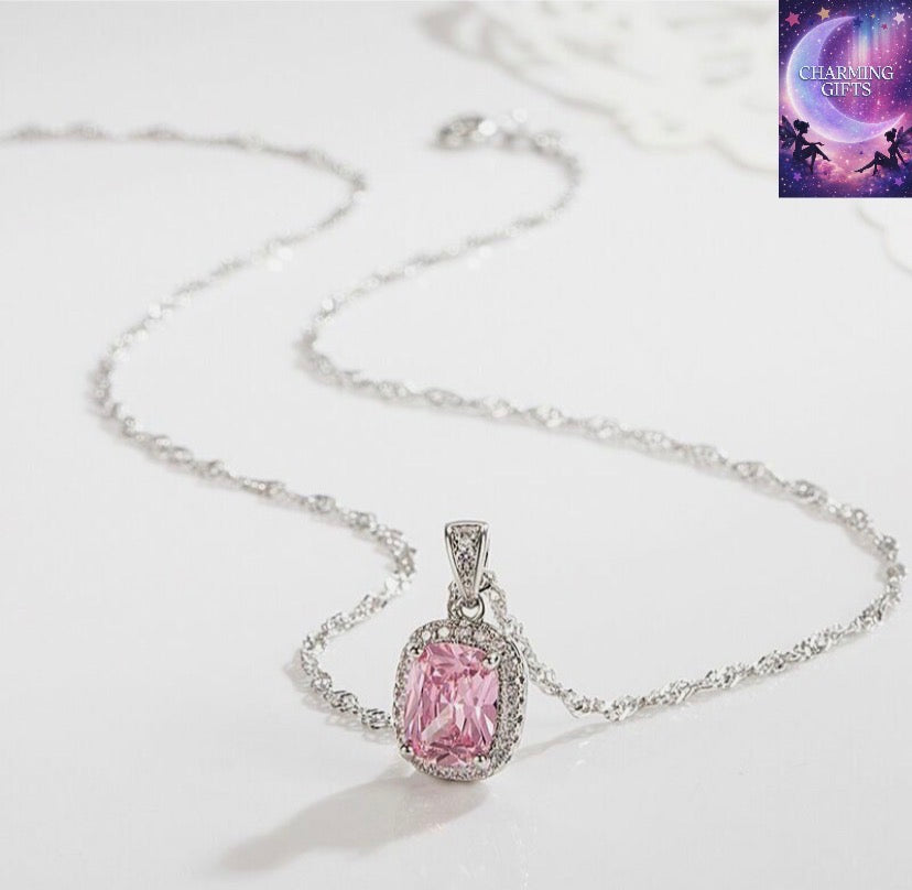 Crystal Square Pendant Chain Necklace 925 Sterling Silver Jewellery Gift UK