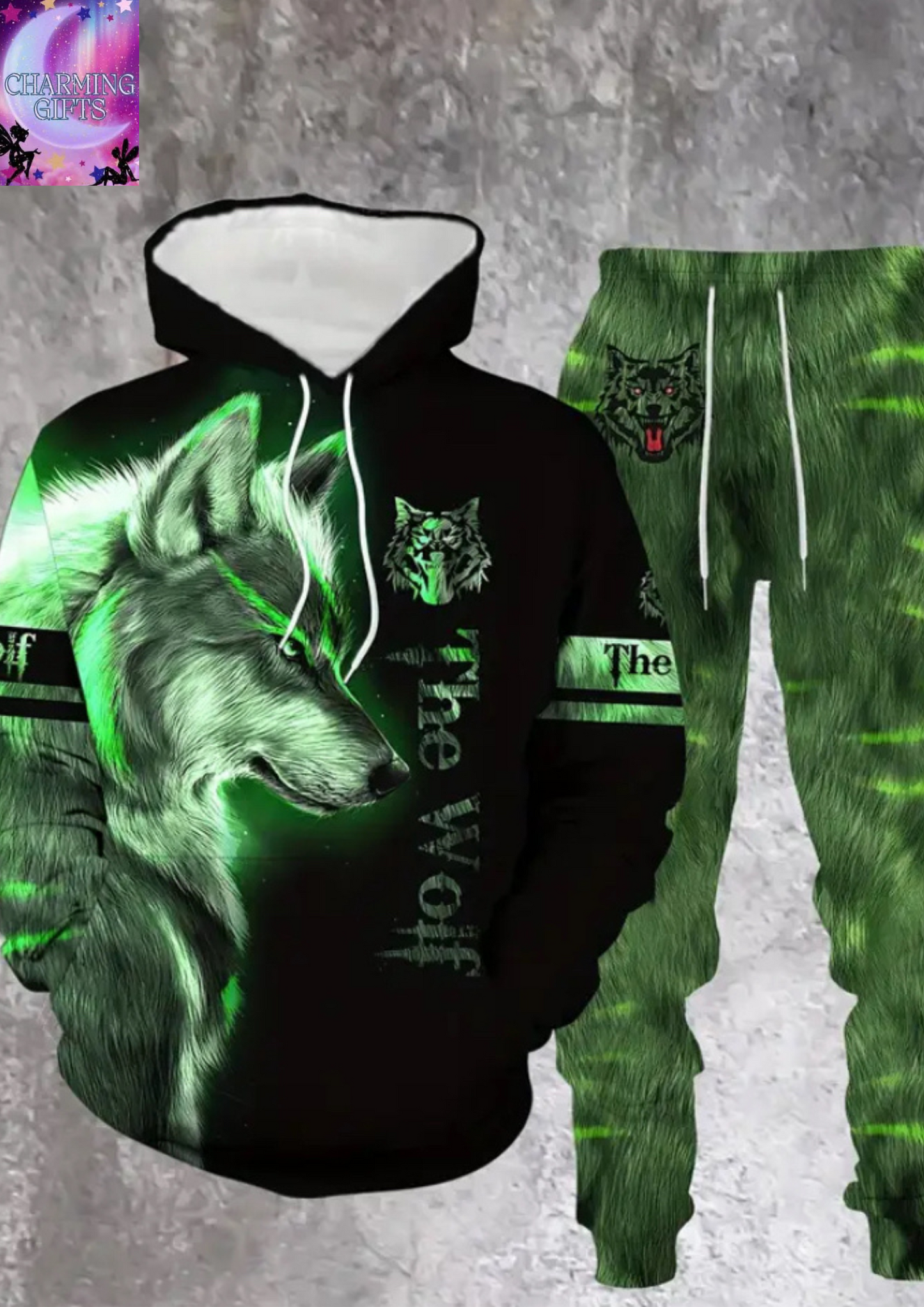 Men's Fierce Purple Wolf Print Casual Hoodie & Sweatpants Set - Comfortable Polyester, Machine Washable - Perfect for Spring/Fall