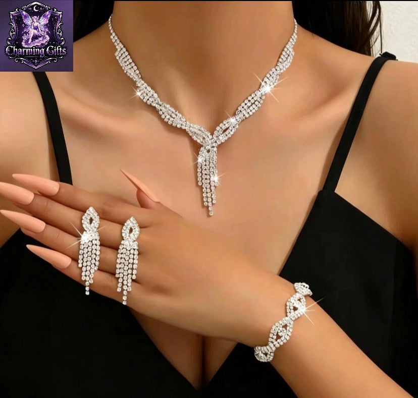 4pcs Silver White Necklace Earrings Bracelet Set