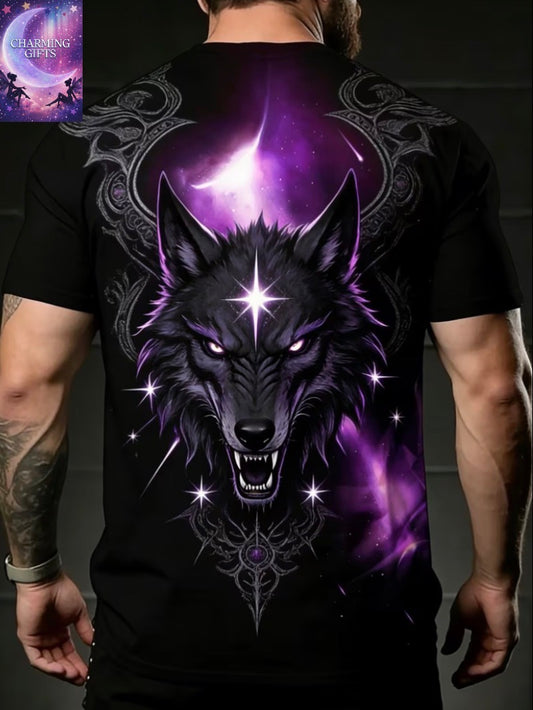Star Shard Wolf Soul" Dark Purple Flame Wolf Head T-Shirt, Summer Hot Item Trendy Brand Versatile Style Plus Size Men'S Short Sleeve Tee,  Loose Fit Round Neck Casual Summer Men'S Top
