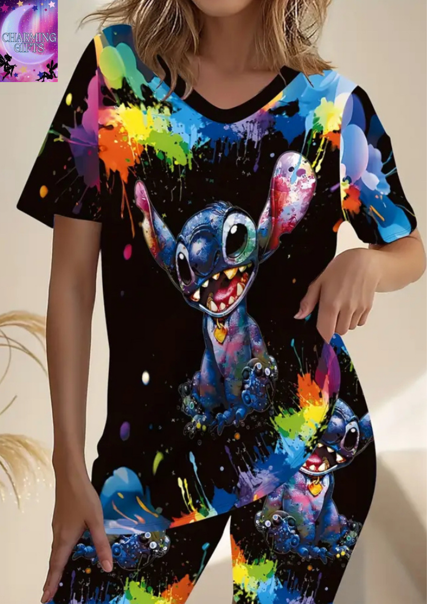 Vibrant Stitch 3D Print Women'S Fashion Set - Elegant V-Neck Short Sleeve & Shorts Outfit, Colorful Abstract Design, Casual Vacation Style, Ladies Pajama Set