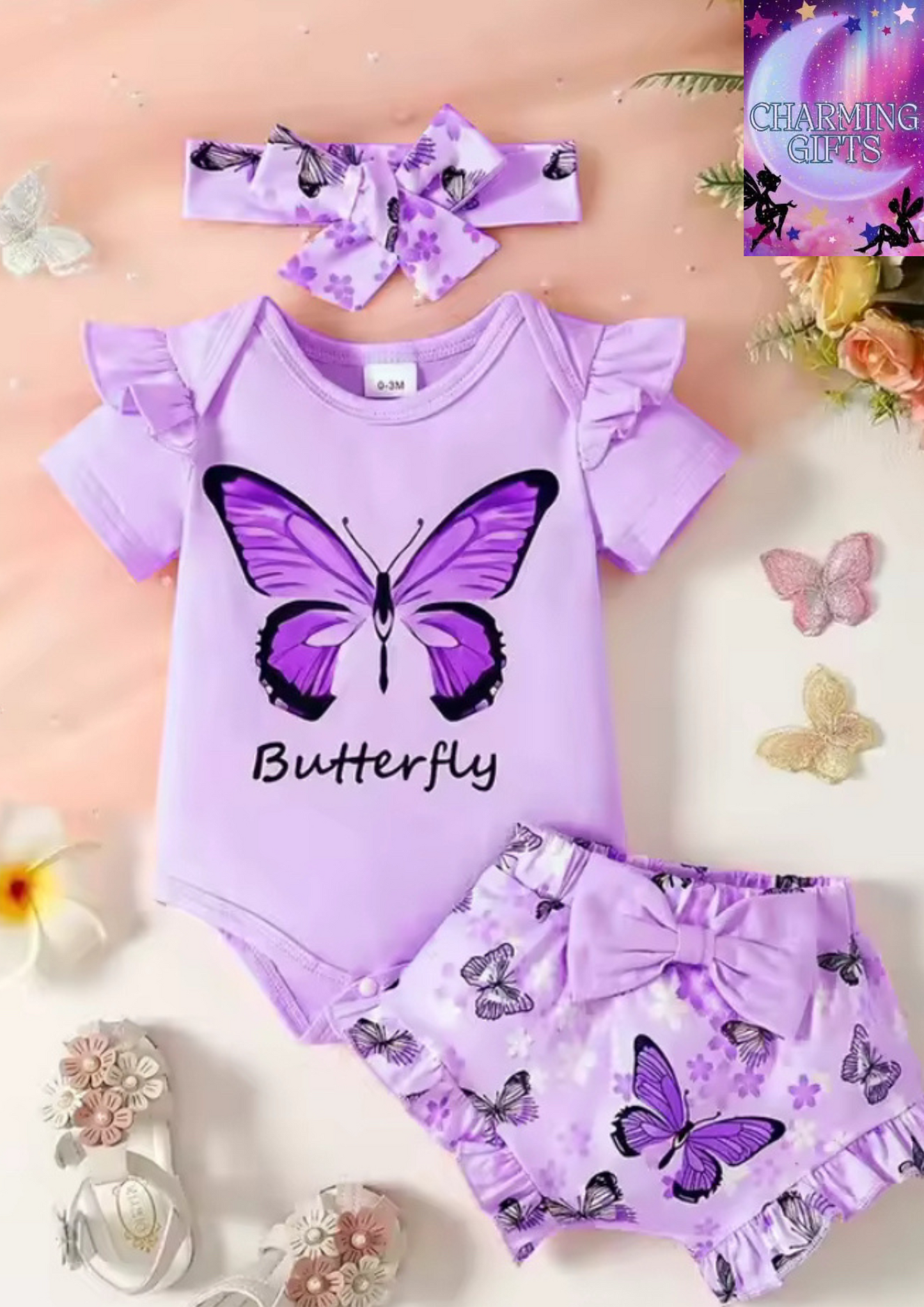 Baby Girl Butterfly Jumpsuit, Print Shorts, 3-Piece Headband Set