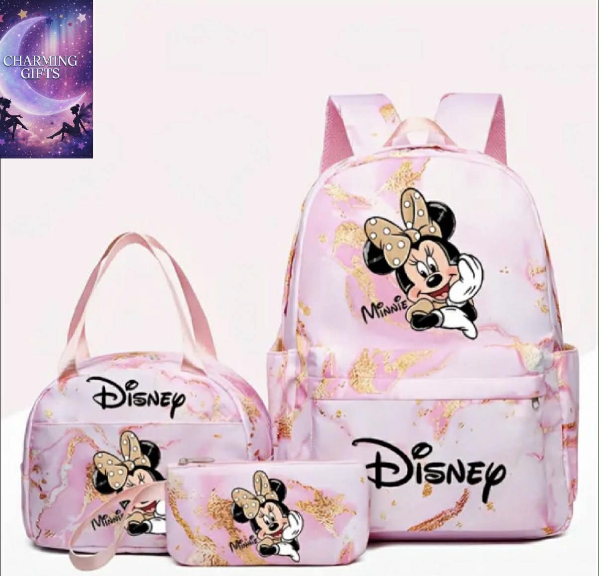 [Disney Minnie 3pc Backpack Set] Disney Minnie 3pc Backpack Set - Stylish Nylon Large Capacity Bag with Adjustable Straps, Zip Closure, Tablet Pocket - Includes Lunch Bag - Lightweight, Hand Washable - Animal Print - Ideal Back-to- Gift, Perfect Holiday P