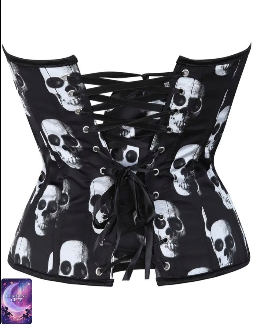 Skull Print Corset Top Halloween Pirate Costume Corsets for Women Tummy Control Lace Up Satin Corset