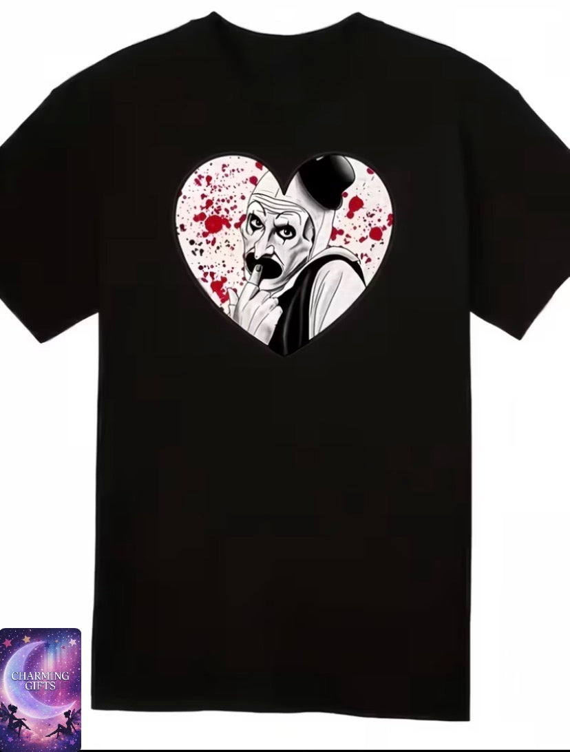 Thrilling Valentine'S Day Horror Cute Art Clown T-Shirt - Features a Big Heart-Shaped Clown Face Design, Suitable for Casual Wear in All Seasons And Themed Parties, Machine Washable with a Regular Fit And Slightly Stretchy Fabric