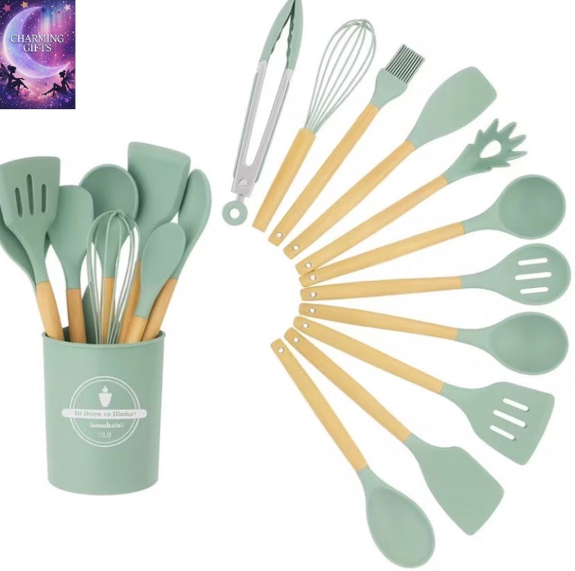 12PCS Silicone Kitchen Utensil Set with Holder Non-Stick Heat Resistant Cooking Tools Set Wooden Handle Cookware Accessories
