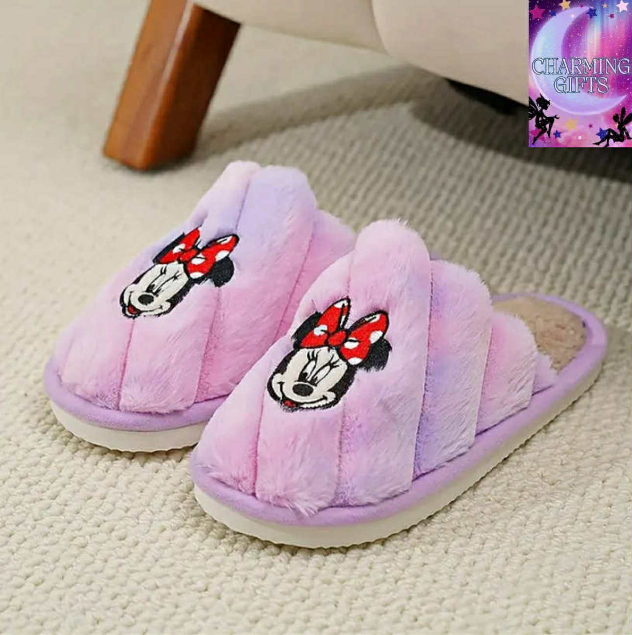 [Warm Comfortable Indoor Home] Disney Minnie Mouse Plush Slippers - Warm and Comfortable Indoor Home Shoes, Suitable for Men and Women, Embroidered Design Couple's Set Special Offer Living Room Slippers Dormitory Slippers
