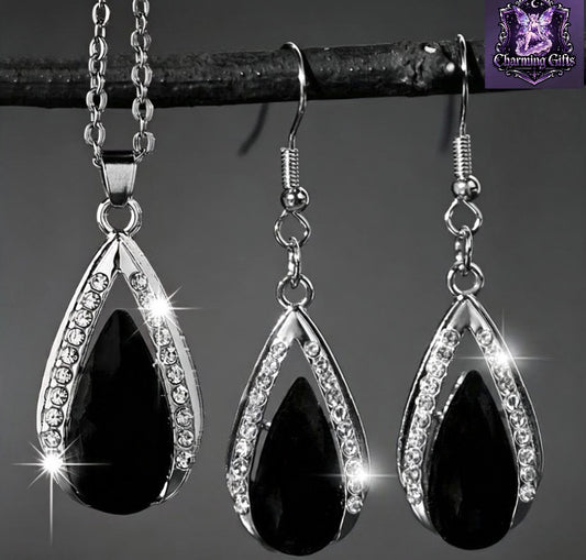 3pcs Fashion Exquisite Black And Red Water Drop Zirconia Pendant Earrings Necklace Jewelry Set Valentine'S Day Anniversary Birthday Party Wedding Gift Jewelry Additions Fashion Items That Can Be Worn All Year Round