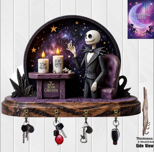 Disney The Nightmare Before Christmas Jack-Themed Decorative Hook Plaque, Jack in Classic Attire Standing Before Dreamy Starry Sky Background, Paired with Cozy Candle Elements