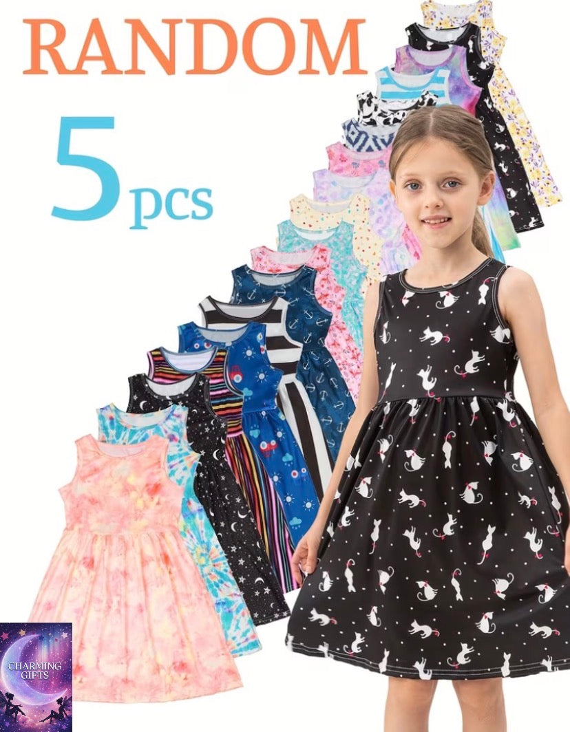 Random Set of 5 Dresses for Girls, Ultra-Soft Sleeveless Summer Dresses with Print Combinations