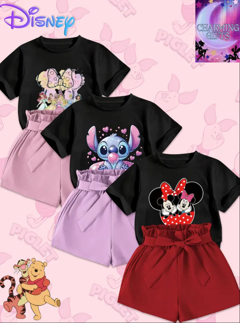 6pcs, Disney T-Shirt And Shorts Set, Mickey Minnie, Disney Princess, Stitch Pattern Printing, Round Neck Short-Sleeved T-Shirt, Girls' Clothing, Soft Fabric, Suitable As a Gift for Girls, for Outdoor