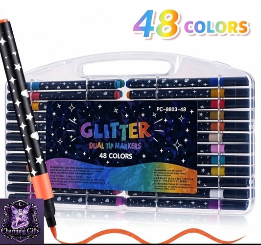 48 Color Dual Head Flashing Watercolor Pen, Ink Dries Quickly Without Dirtying Hands, Adheres Firmly, and the Fine Pen Tip Can Easily Capture Details. Suitable for Decorating Black Paper, Painting, Graffiti, Bookkeeping, DIY Cards, and Scrapbooks