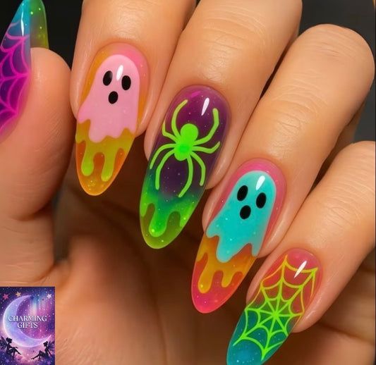 24pcs Neon Gradient Press-On Nails Suitable for Women, Medium Almond Shape Glossy False Nails with Neon Gradient Colors & Spider Slime Nail Art, Reusable Fake Nails for Halloween, Parties, Daily Wear - Application