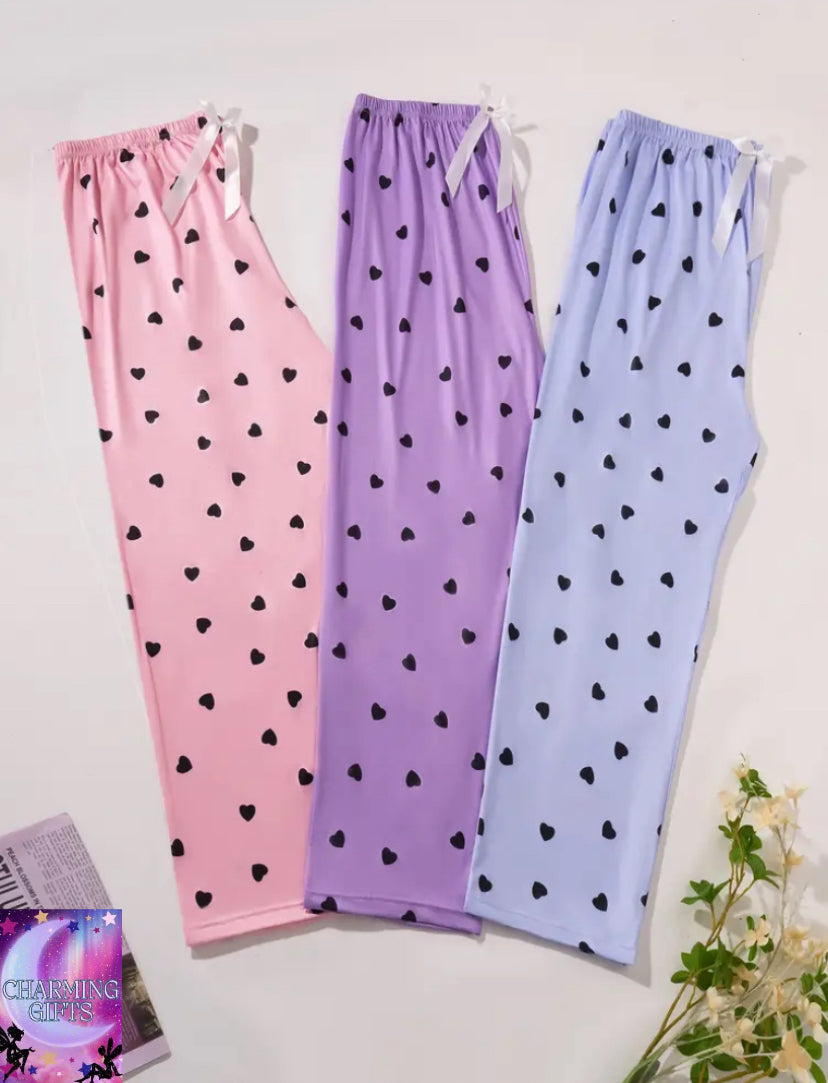 3pcs Plus Size Heart Print Sleep Pants, Women's Bow Elastic Waistband Loose Home Trousers for Spring & Autumn