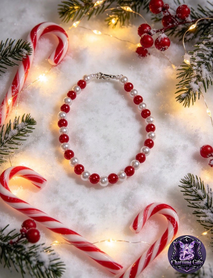 🎄Candy Cane Pearl bracelet — Handmade Christmas Magic!🎄