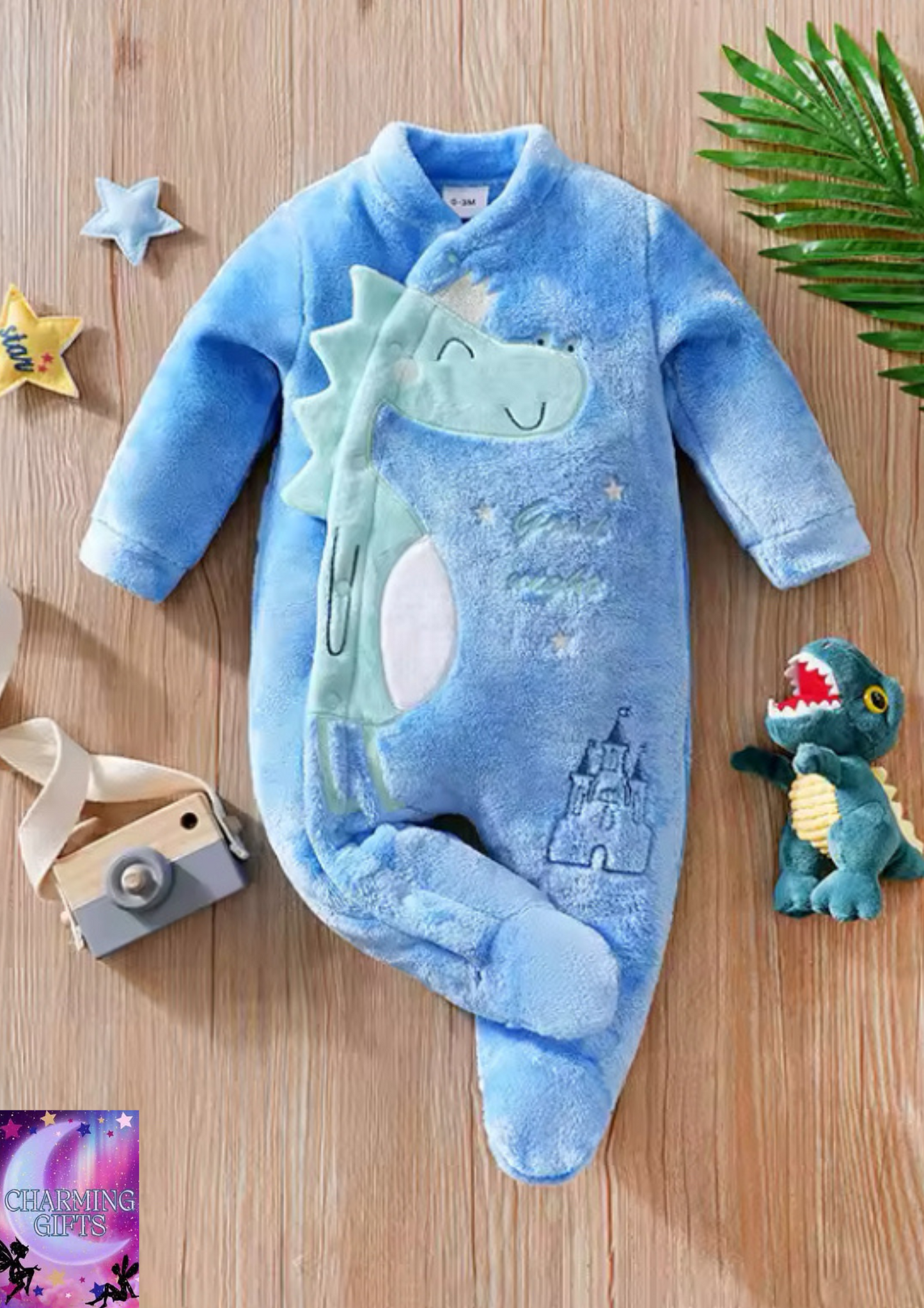 Newborn baby jumpsuit Autumn and Winter Flannel Blue Dinosaur Embroidered Legged Foot hugging baby clothes Unisex 0-18 months