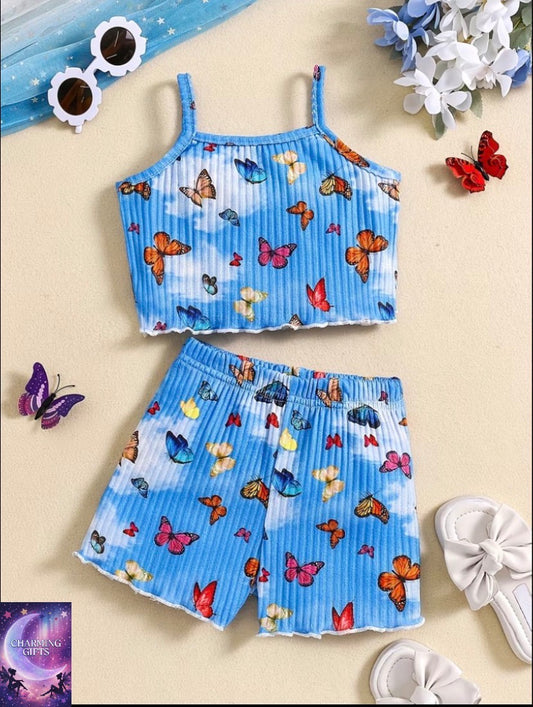 Girls' Sleeveless Tank Top and Shorts Set with Cute Butterfly Print, New Summer Style Casual Wear, Baby Girl Clothing, Perfect for Outdoor