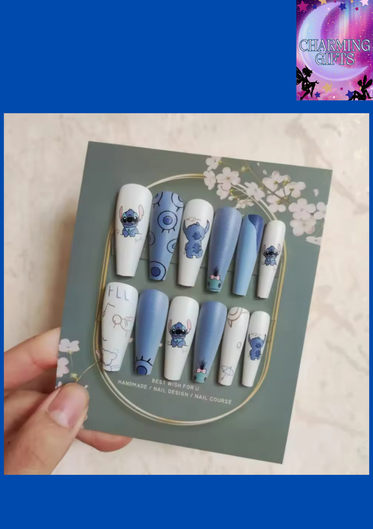 Kawaii Stitch False Nail Cute Disney Cartoon Anime Nail Patch DIY 3D Manicure Sticker Fashion Accessories