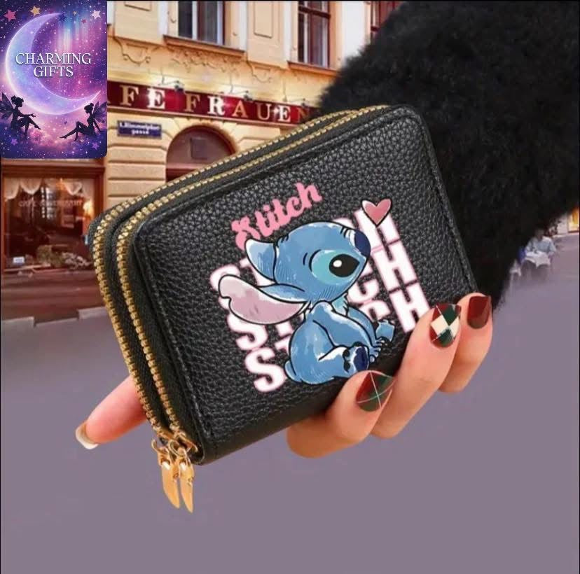 1pc Stitch Women's Fashion Clutch Coin Purse - Large Capacity Double Zipper Closure, Cute Stitch Design with Hearts & "Witch" Text, Durable & Polyester Lining, Minimalist Style for Daily Use, Casual & Formal Events, Stitch Bag, Quality Zipper Closure, Tra