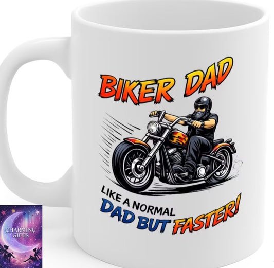 Biker Dad Coffee Mug – 11oz White Ceramic Mug, Dishwasher & Microwave Safe, "Biker Dad Like a Normal Dad But Faster" Motorcycle Design, High-Quality Durable Print, Cool Gift for Dad, Father'S Day, Biker Fathers – Design MG6839