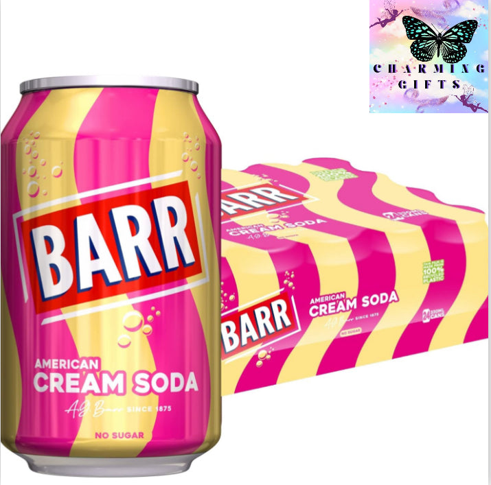 BARR since 1875, 24 Pack American Cream Soda, Zero No Sugar Sparkling Soft Drink with a Creamy Taste of American Cream Soda, "Fizzingly Fun" - 24 x 330ml Cans