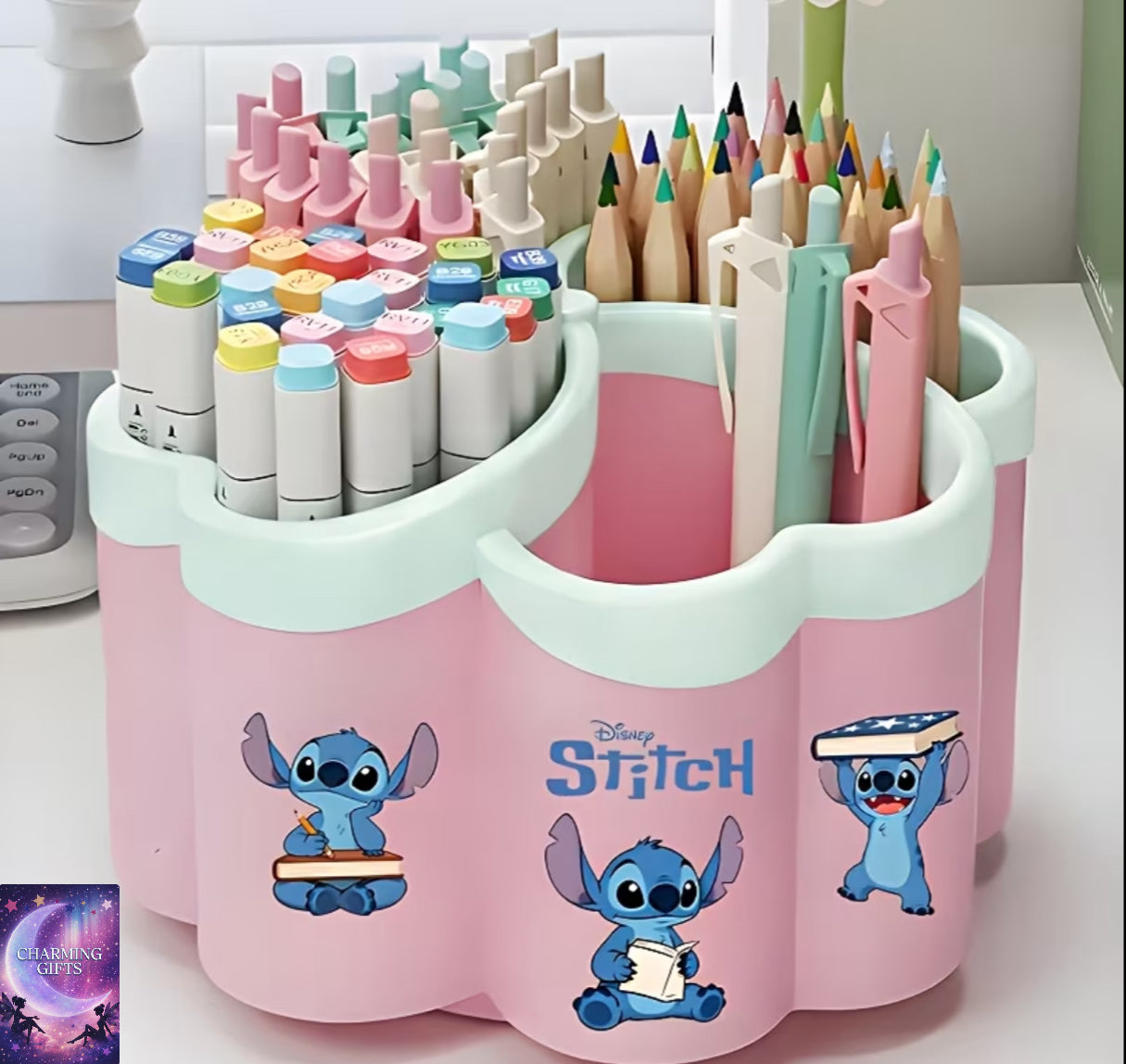 Disney Stitch Rotating Heart-Shaped Storage Box | Multi-Compartment Cartoon-Themed 360° Pen Holder - Large Capacity Multifunctional Desktop Organizer, Perfect for Stationery, Makeup Brushes, Office and Dormitory Essentials, Polished Plastic