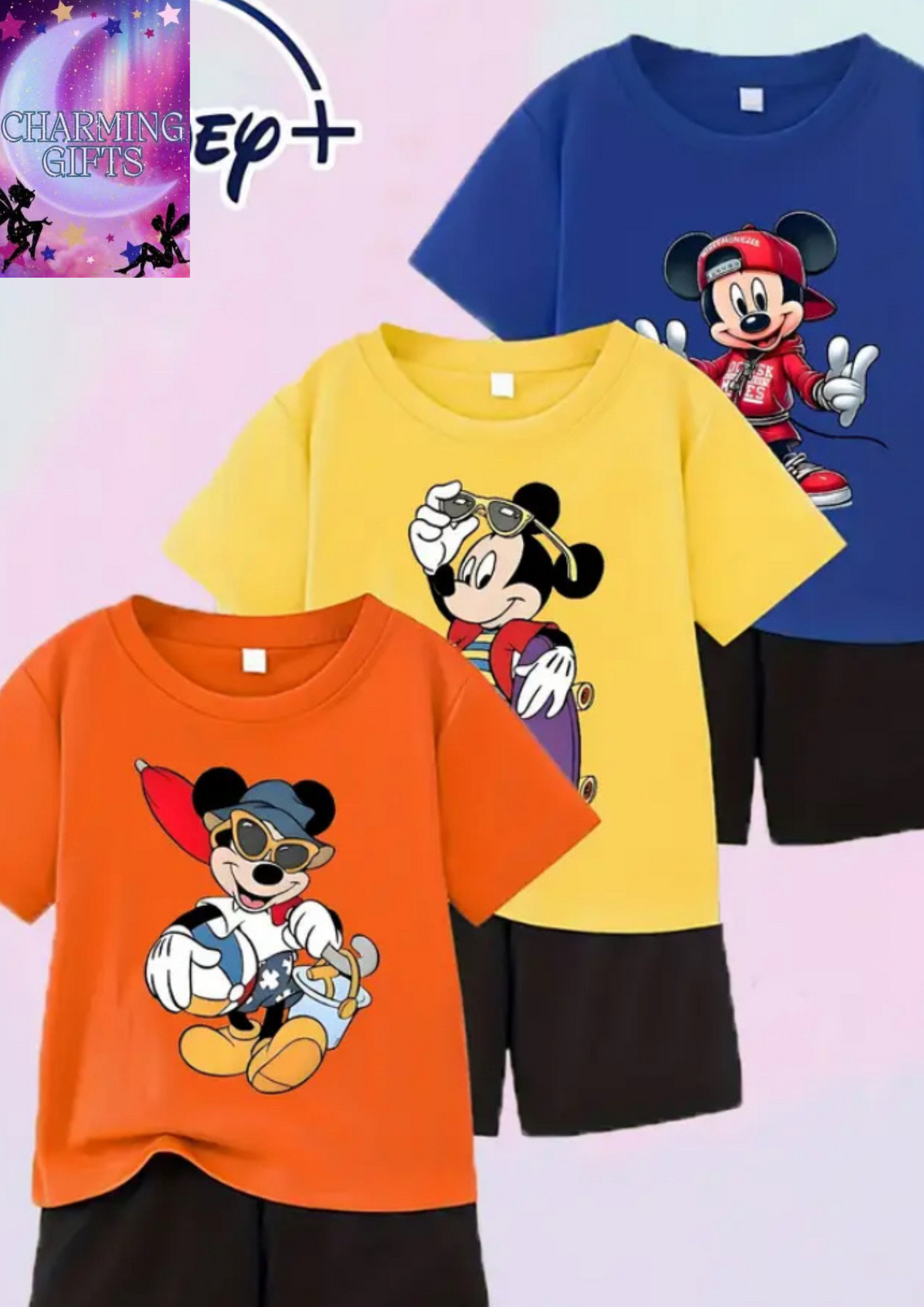 6pcs Mickey Mouse & Friends Graphic T-Shirt & Shorts Set for Boys - Casual Crew Neck, Stretchy Fabric, Playful Designs in Blue, Yellow, Orange - Perfect for Outdoor Activities & Everyday Wear, Everyday Comfort|Playful Design|Stretchy Fabric, Knit