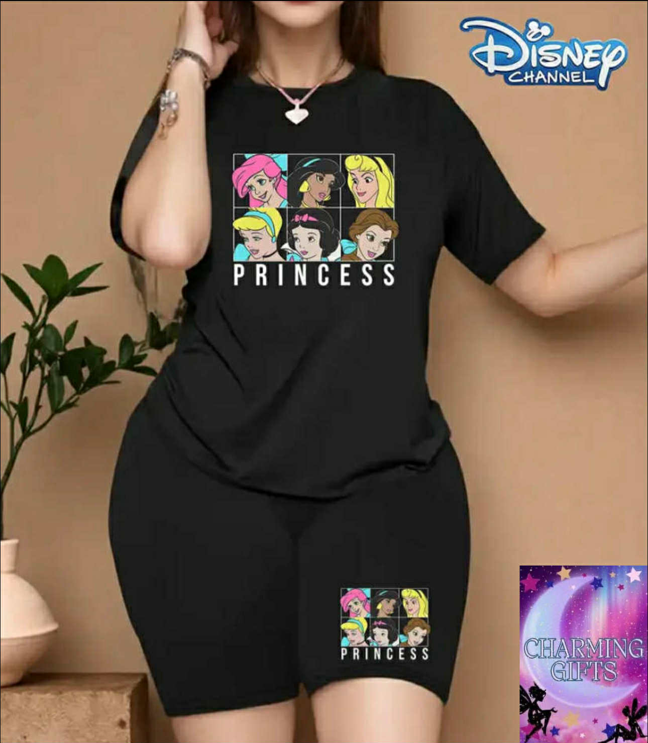 Disney Collection [Authorized] Disney Princess Printed Short Sleeve Women's, Plus Size Women's Round Neck T-Shirt Shorts Set, Simple Fashion Summer Casual Sports Two Piece Suit Perfect choice!