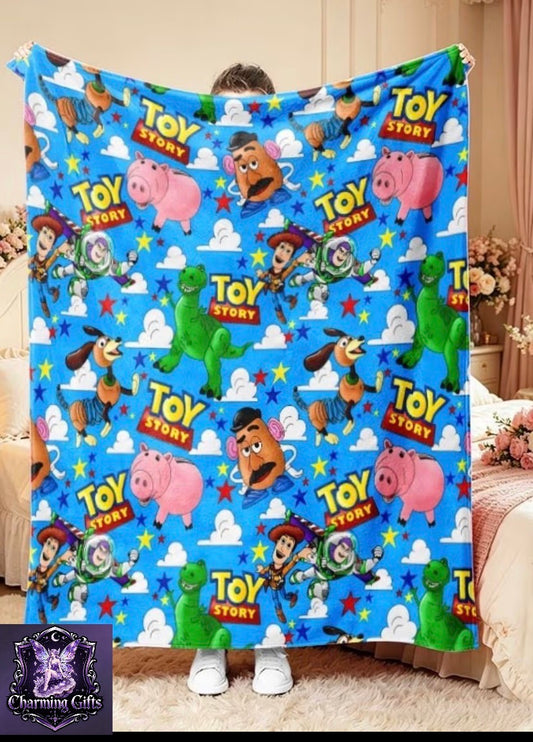 Toy Story Character Print Throw Blanket - Playful Pattern with Jessie, Woody, Buzz Lightyear, Stars & Clouds on Bright Blue Background, Multi-Specs, Soft Cozy for Sofa, Couch, Bedroom, Camping & Daily Relaxing Use