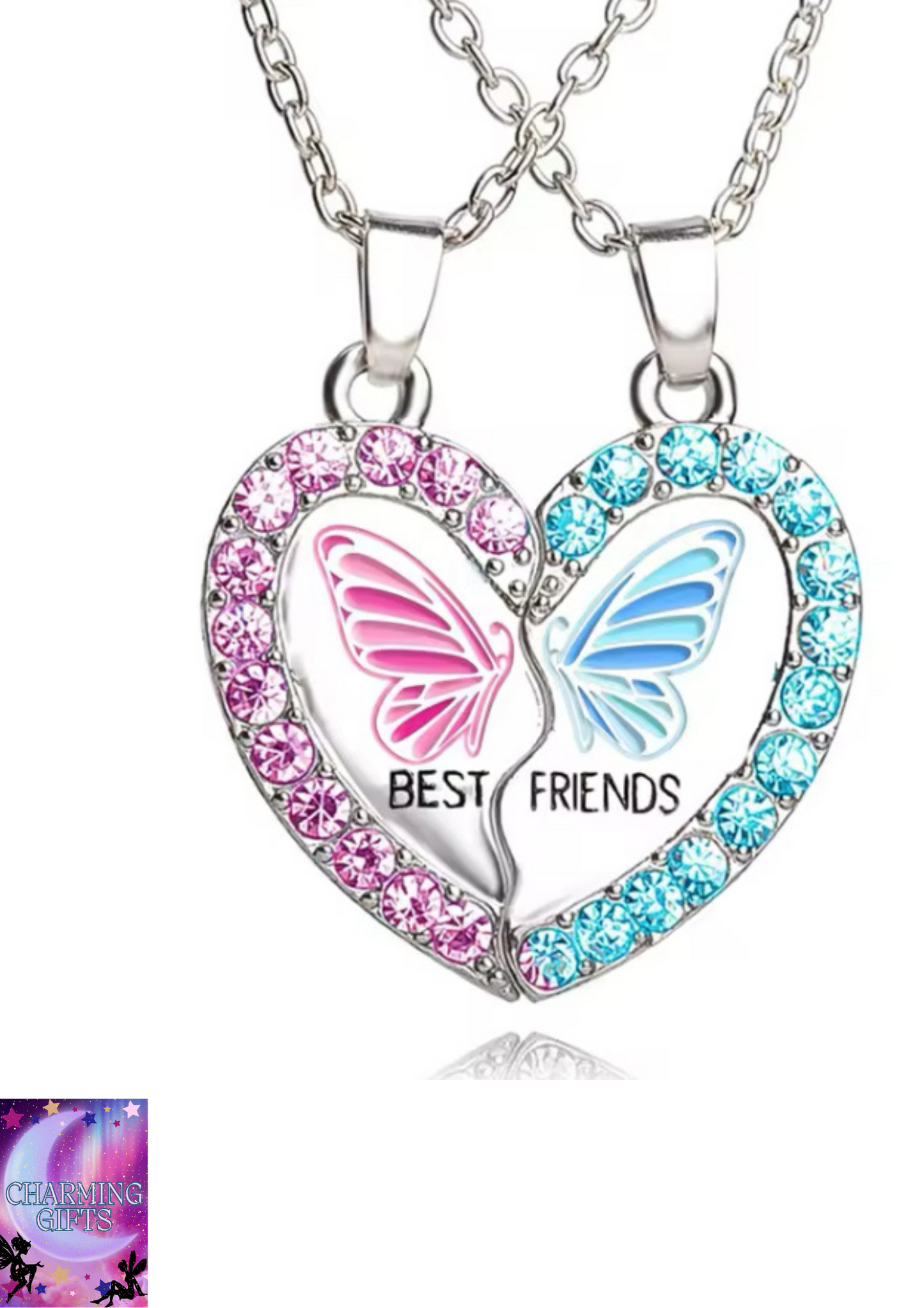 BFF Necklace for 2, Best Friend Cute Zircon Crystal Butterfly Valentines Day Gifts Matching Heart Pendant Friendship Necklaces