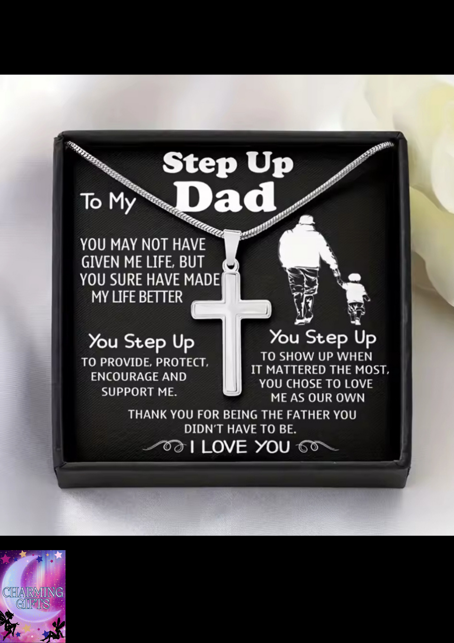 Card And Gift Box Packaging, Stainless Steel Cross Necklace, Fashionable And Versatile Necklace, To My Step Up Dad, Father's Day