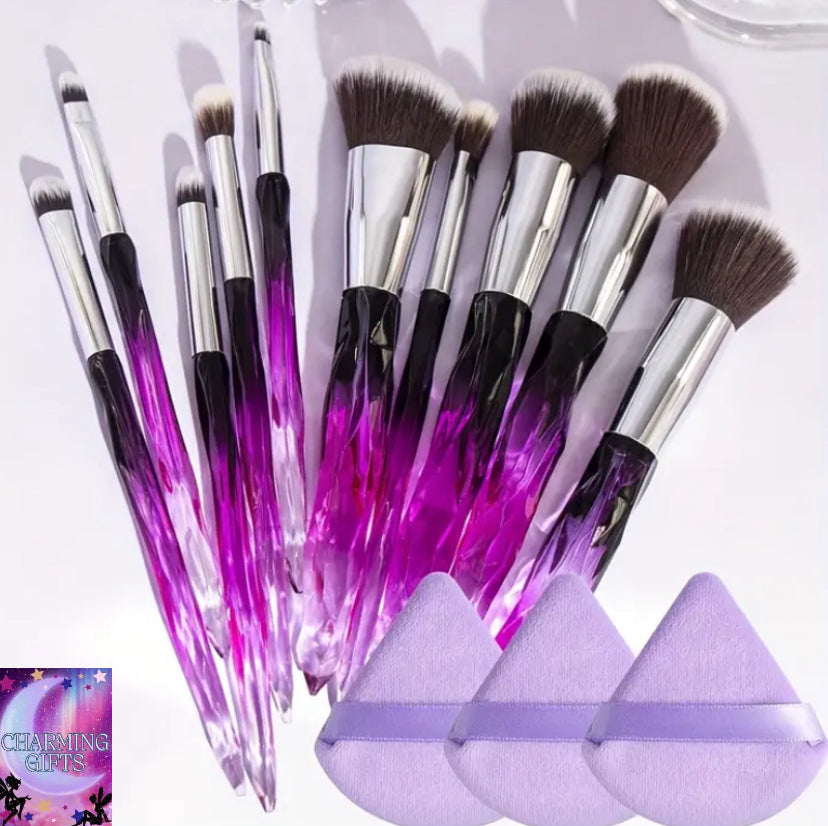 10 transparent ice cone shaped gradual  makeup brushes, flawless foundation make-up brush, powder blusher brush, powder brush, eye shadow brush set, glass shaped transparent handle - and powder puffs
